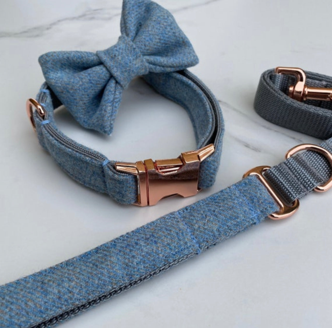 Baby Blue + Grey Tweed Dog Collar Bow & Lead Set Hunter & Co.