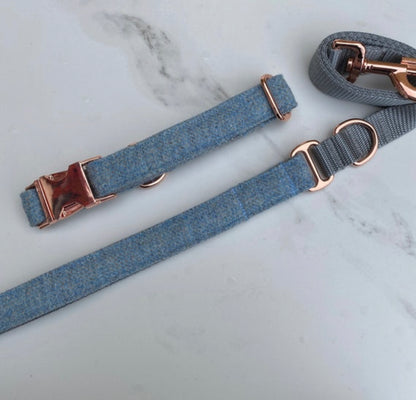 Baby Blue + Grey Tweed Dog Collar Bow & Lead Set Hunter & Co.