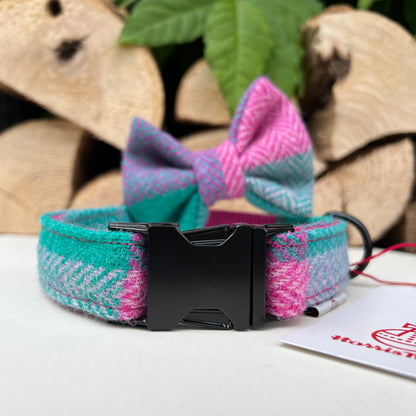 Harris Tweed® Modern Pink Green Tweed Dog Collar Bow & Lead Set Hunter & Co.