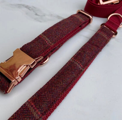 Dark Red Overcheck Tweed Dog Collar Bow & Lead Set Hunter & Co.