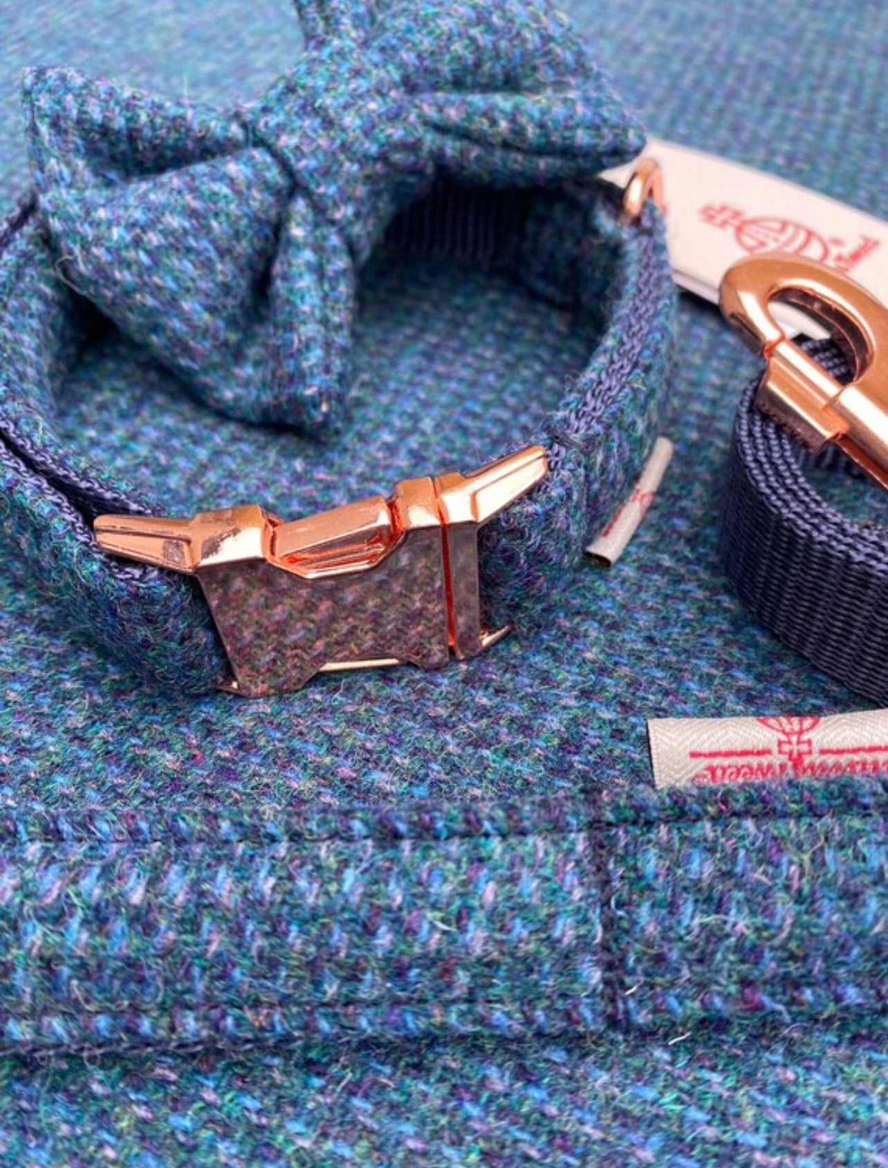 Harris Tweed® Blue Green Purple Dog Collar Bow & Lead Set Hunter & Co.