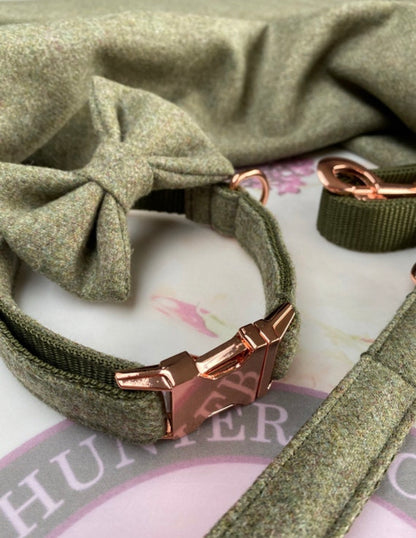 Green Tweed Dog Collar Bow & Lead Set Hunter & Co.