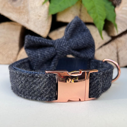 Navy Blue, Grey Tweed Dog Collar Bow & Lead Set Hunter & Co.