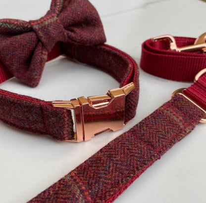 Dark Red Overcheck Tweed Dog Collar Bow & Lead Set Hunter & Co.