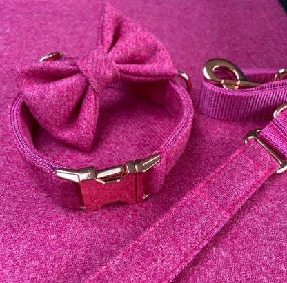 Bubblegum Pink Tweed Dog Collar Bow & Lead Set Hunter & Co.