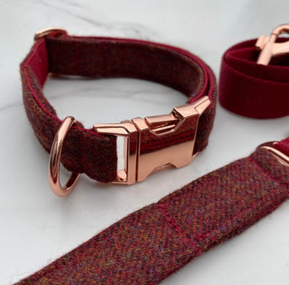 Dark Red Tweed Dog Collar Bow & Lead Set Hunter & Co.