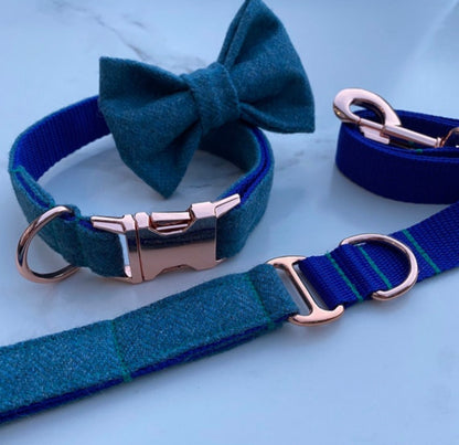 Aqua Marine Blue Tweed Dog Collar Bow & Lead Set Hunter & Co.