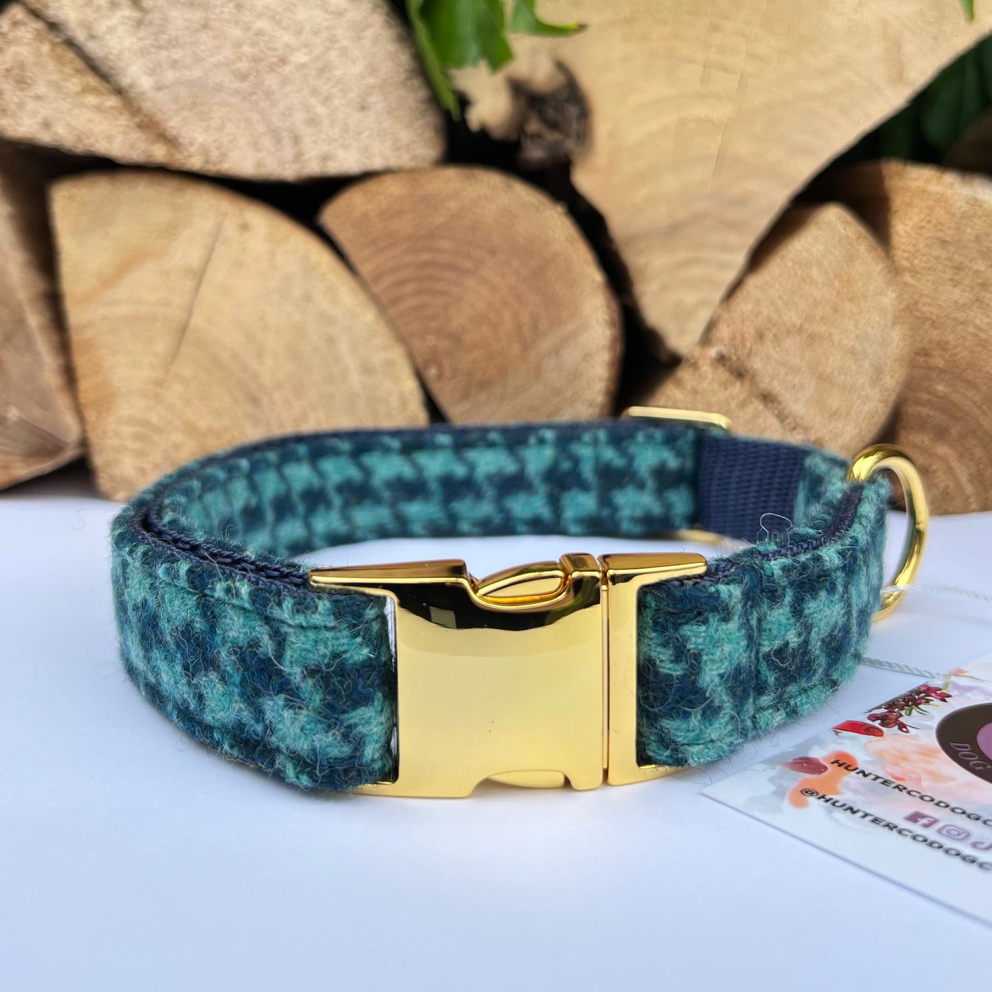 Turquoise Blue Dogtooth Tweed Dog Collar Bow & Lead Set Hunter & Co.