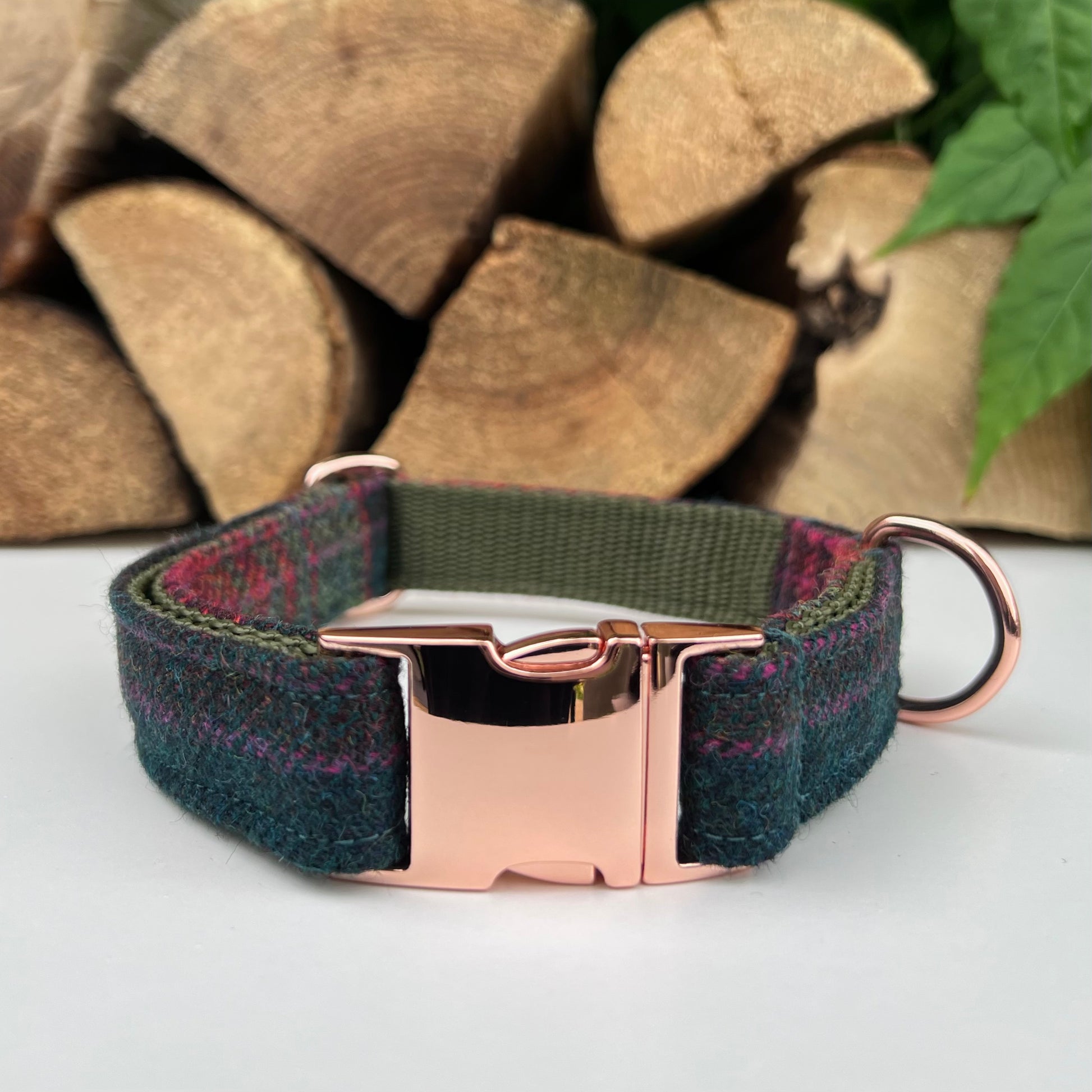 Teal Pink plaid Tweed Dog Collar Bow & Lead Set Hunter & Co.