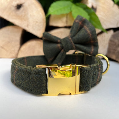 Green Tweed Dog Collar Bow & Lead Set Hunter & Co.