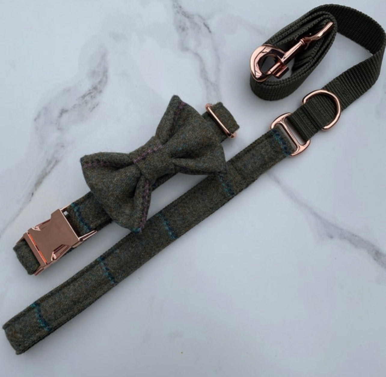 Green Blue Pink Tweed Dog Collar Bow & Lead Set Hunter & Co.