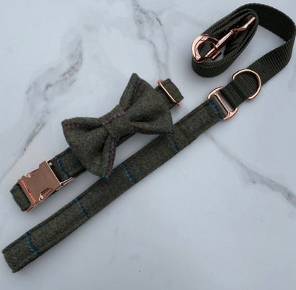 Green Blue Pink Tweed Dog Collar Bow & Lead Set Hunter & Co.