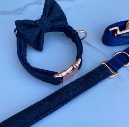 Cosmic Navy Blue Tweed Dog Collar Bow & Lead Set Hunter & Co.