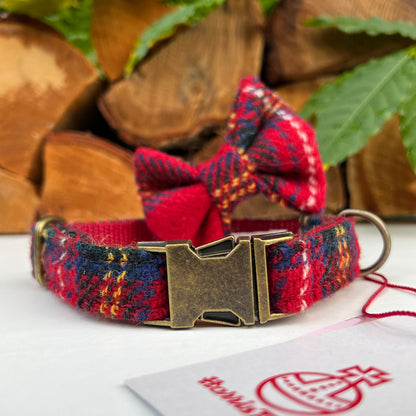 Harris Tweed® Red Tartan Check Tweed Dog Collar Bow & Lead Set Hunter & Co.