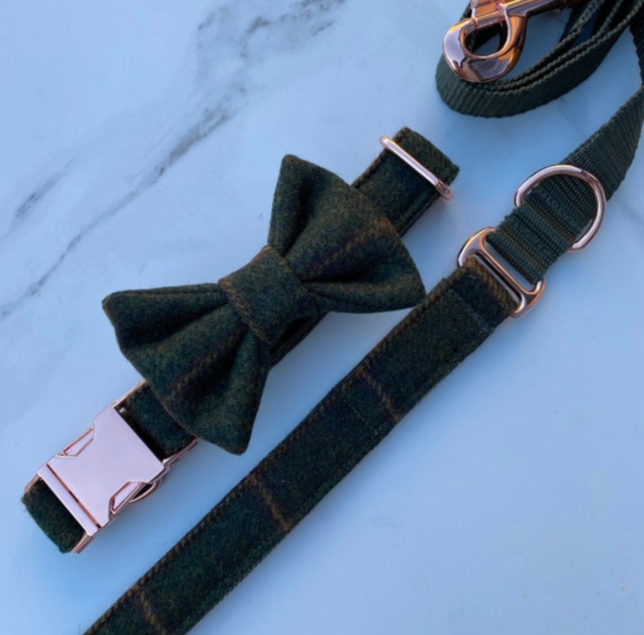 Green Tweed Dog Collar Bow & Lead Set Hunter & Co.