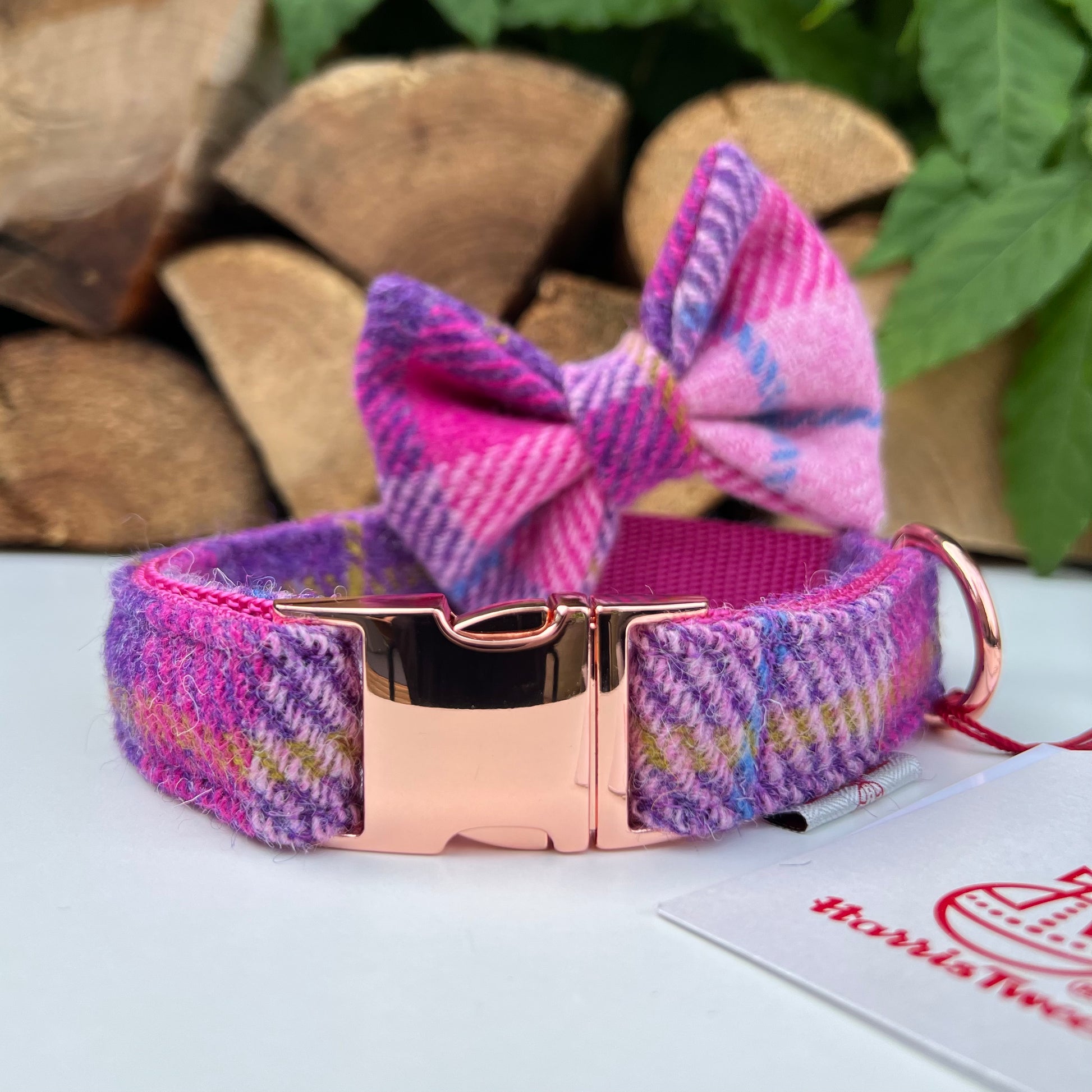 Harris Tweed Pink Purple Tweed Dog Collar Bow Lead Set Dash
