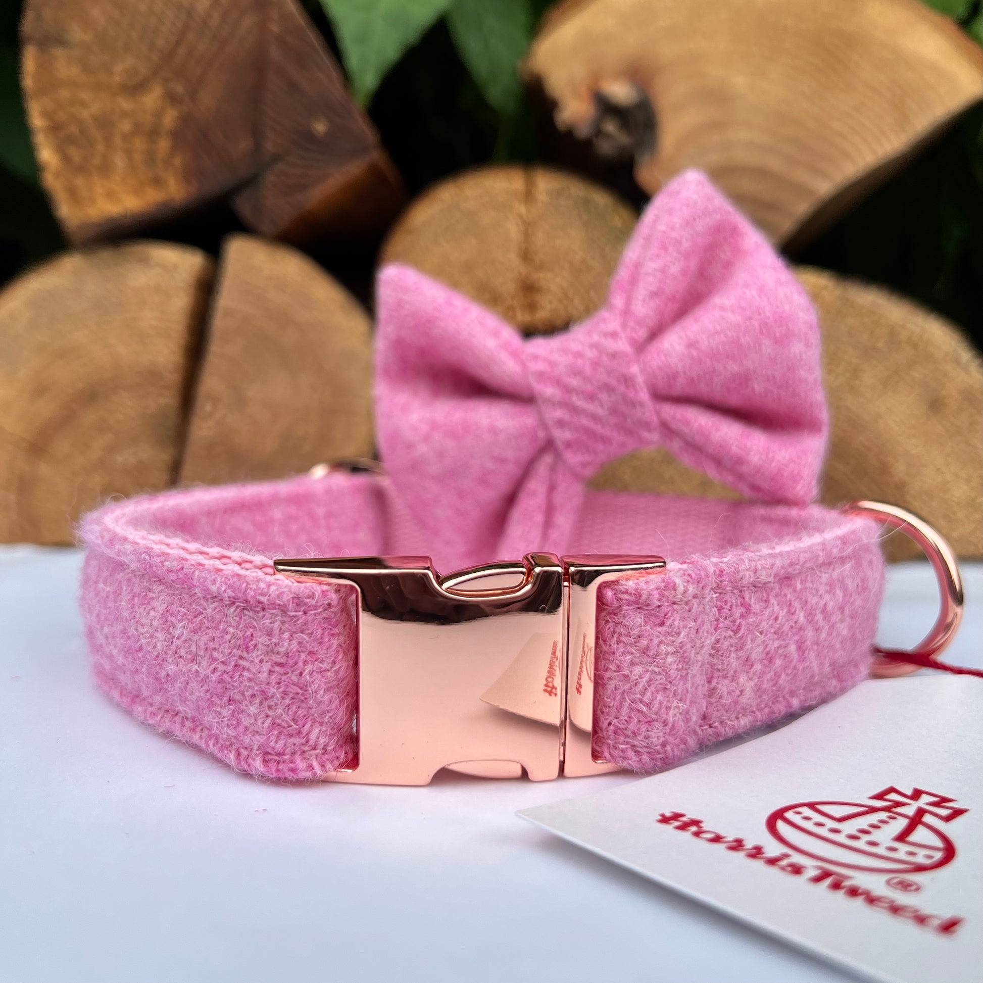 Harris Tweed Baby Pink Tweed Dog Collar Bow Lead Set