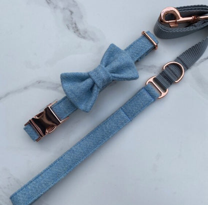 Harris Tweed® Baby Blue Tweed Dog Collar Bow & Lead Set Hunter & Co.