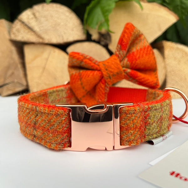 Harris Tweed® Orange Khaki Tweed Dog Collar Bow & Lead Set Hunter & Co.