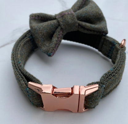 Green Blue Pink Tweed Dog Collar Bow & Lead Set Hunter & Co.