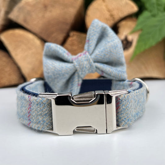Periwinkle Blue, Grey Pink Tweed Dog Collar Bow & Lead Set Hunter & Co.