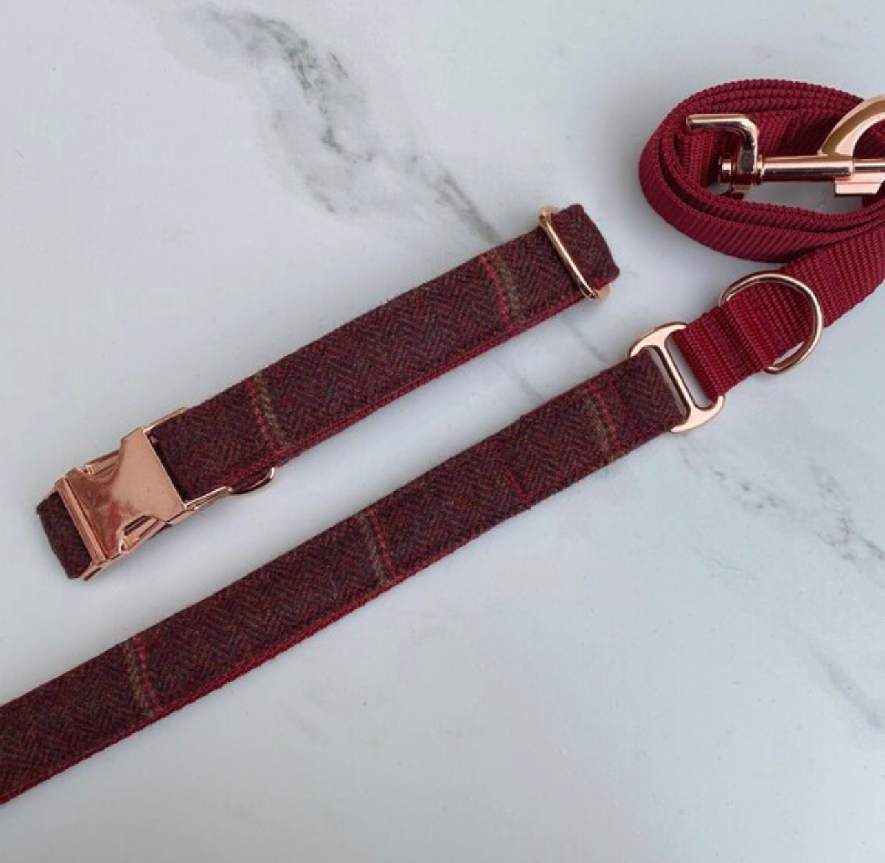 Dark Red Overcheck Tweed Dog Collar Bow & Lead Set Hunter & Co.