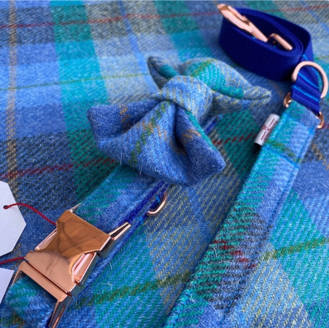 Harris Tweed® Cyan Blue Green Dog Collar Bow & Lead Set Hunter & Co.
