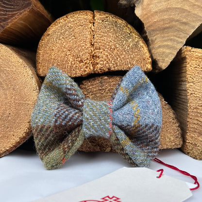 Harris Tweed® Heritage Khaki Green Blue check plaid Dog Collar Bow & Lead Set Hunter & Co.