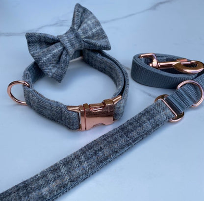 Grey Plaid Tweed Dog Collar Bow & Lead Set Hunter & Co.