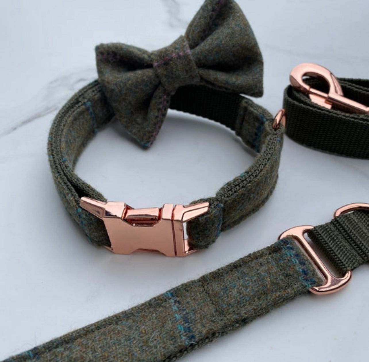 Green Blue Pink Tweed Dog Collar Bow & Lead Set Hunter & Co.