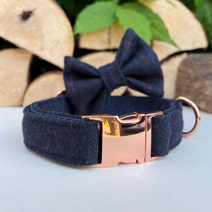 Navy Blue Tweed Dog Collar Bow & Lead Set Hunter & Co.