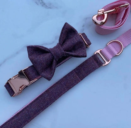 Amethyst Pink Tweed Dog Collar Bow & Lead Set Hunter & Co.