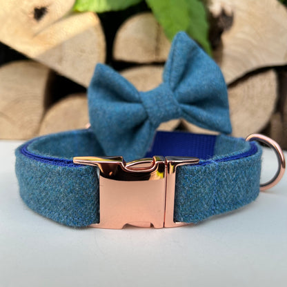 Aqua Marine Blue Tweed Dog Collar Bow & Lead Set Hunter & Co.