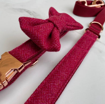 Candy Pink Red Tweed Dog Collar Bow & Lead Set Hunter & Co.