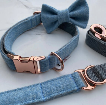 Harris Tweed® Baby Blue Tweed Dog Collar Bow & Lead Set Hunter & Co.