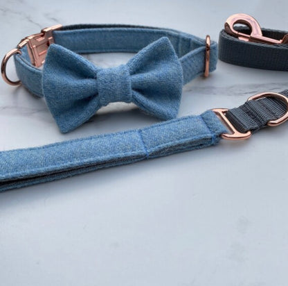 Harris Tweed® Baby Blue Tweed Dog Collar Bow & Lead Set Hunter & Co.