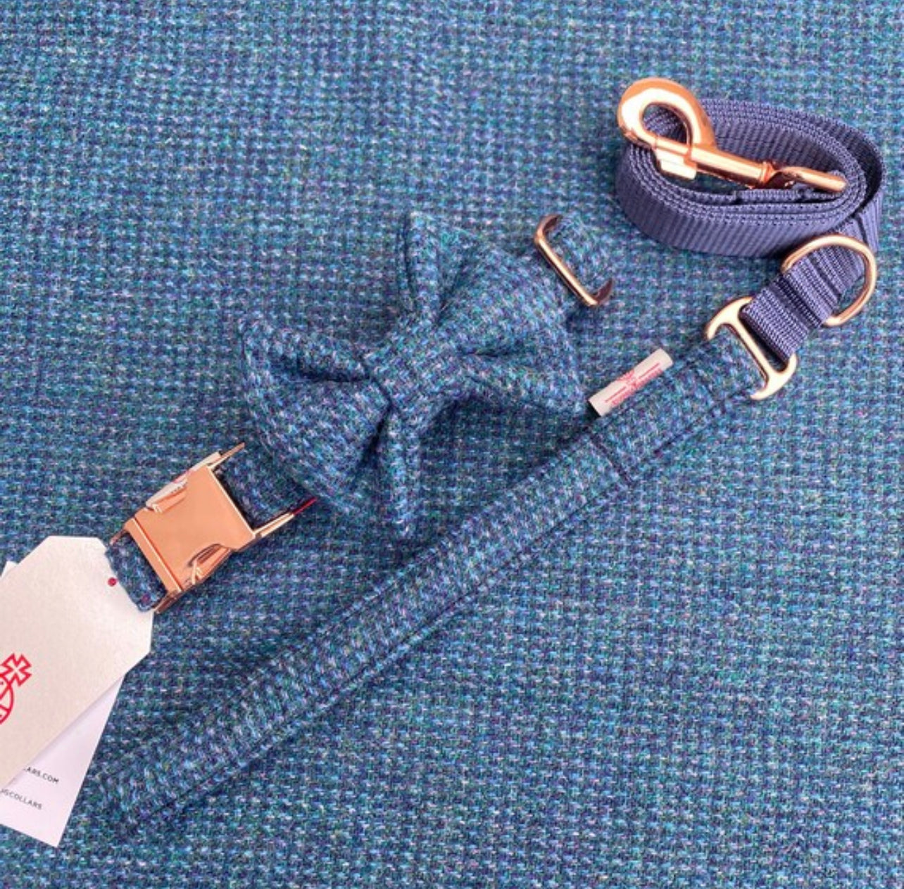 Harris Tweed® Blue Green Purple Dog Collar Bow & Lead Set Hunter & Co.