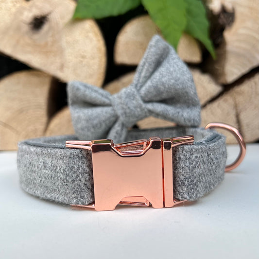 Light Grey Tweed Rose Gold Dog Collar, Bow and Lead Set Hunter & Co.