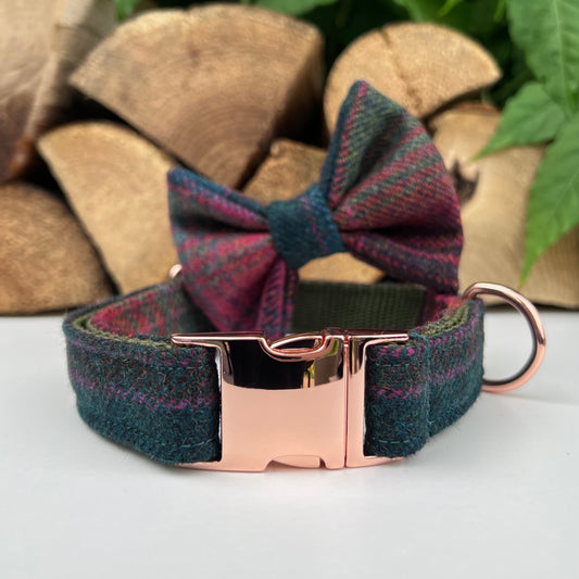 Teal Pink plaid Tweed Dog Collar Bow & Lead Set Hunter & Co.