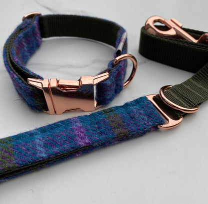 Harris Tweed® Blue Khaki Purple Dog Collar Bow & Lead Set Hunter & Co.