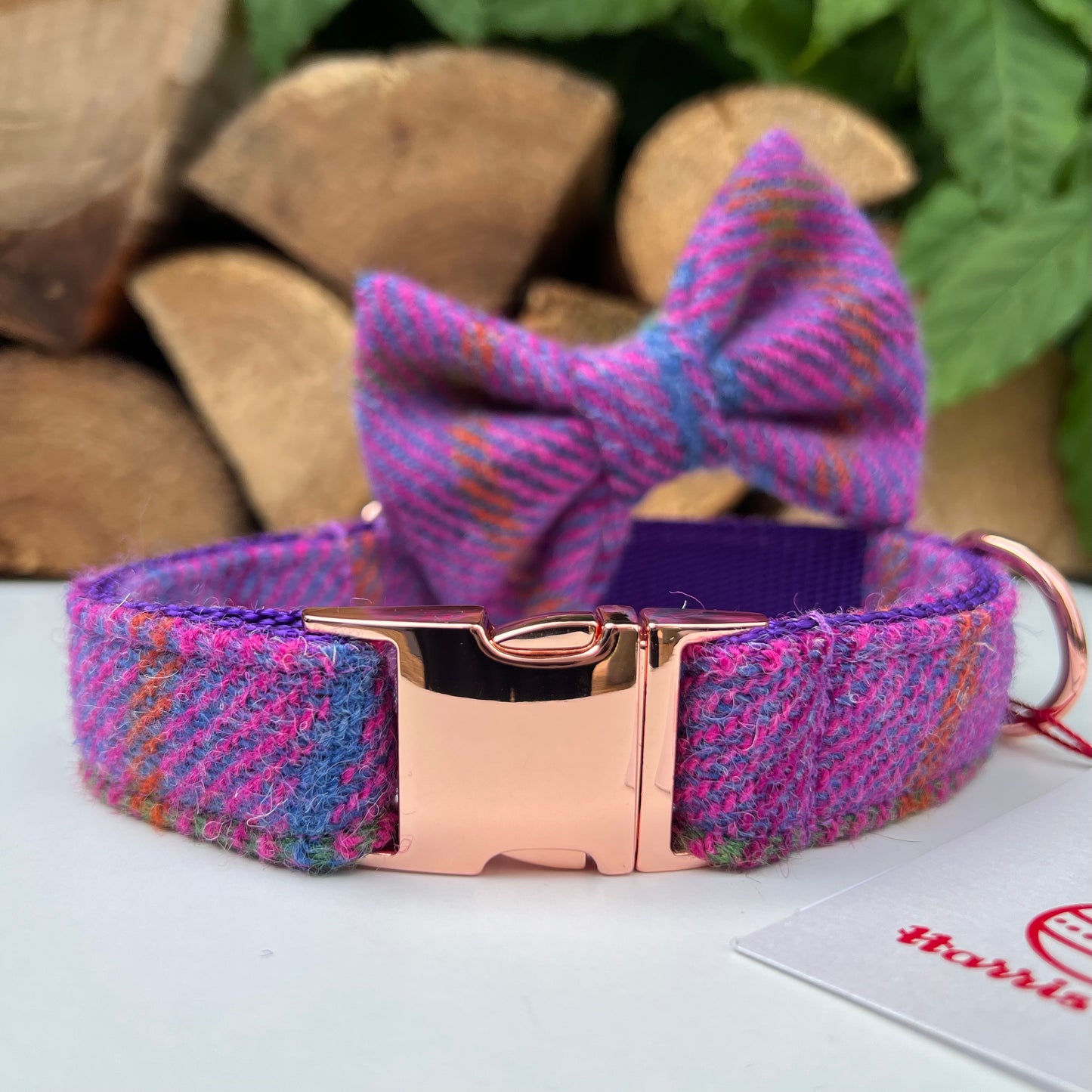 Harris Tweed® Purple Pink Tweed Dog Collar Bow & Lead Set Hunter & Co.
