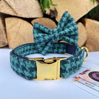 Turquoise Blue Dogtooth Tweed Dog Collar Bow & Lead Set Hunter & Co.