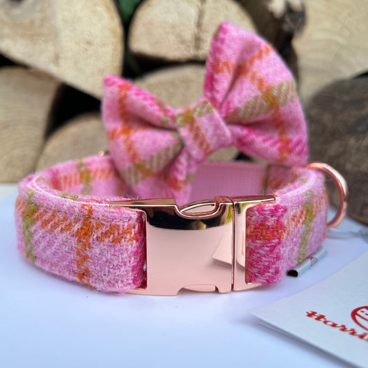 Harris Tweed® Pink Tweed Dog Collar Bow & Lead Set Hunter & Co.