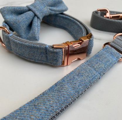 Baby Blue + Grey Tweed Dog Collar Bow & Lead Set Hunter & Co.