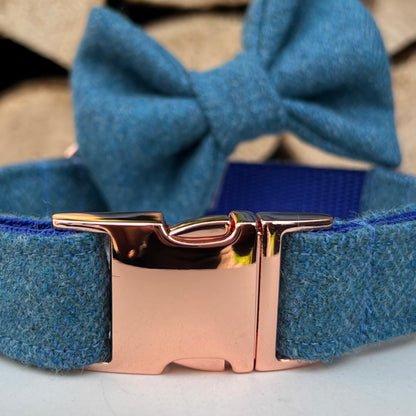 Aqua Marine Blue Tweed Dog Collar Bow & Lead Set Hunter & Co.