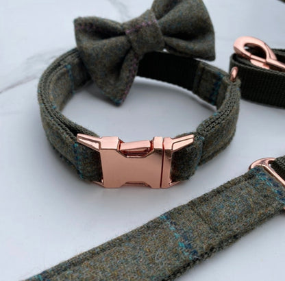 Green Blue Pink Tweed Dog Collar Bow & Lead Set Hunter & Co.