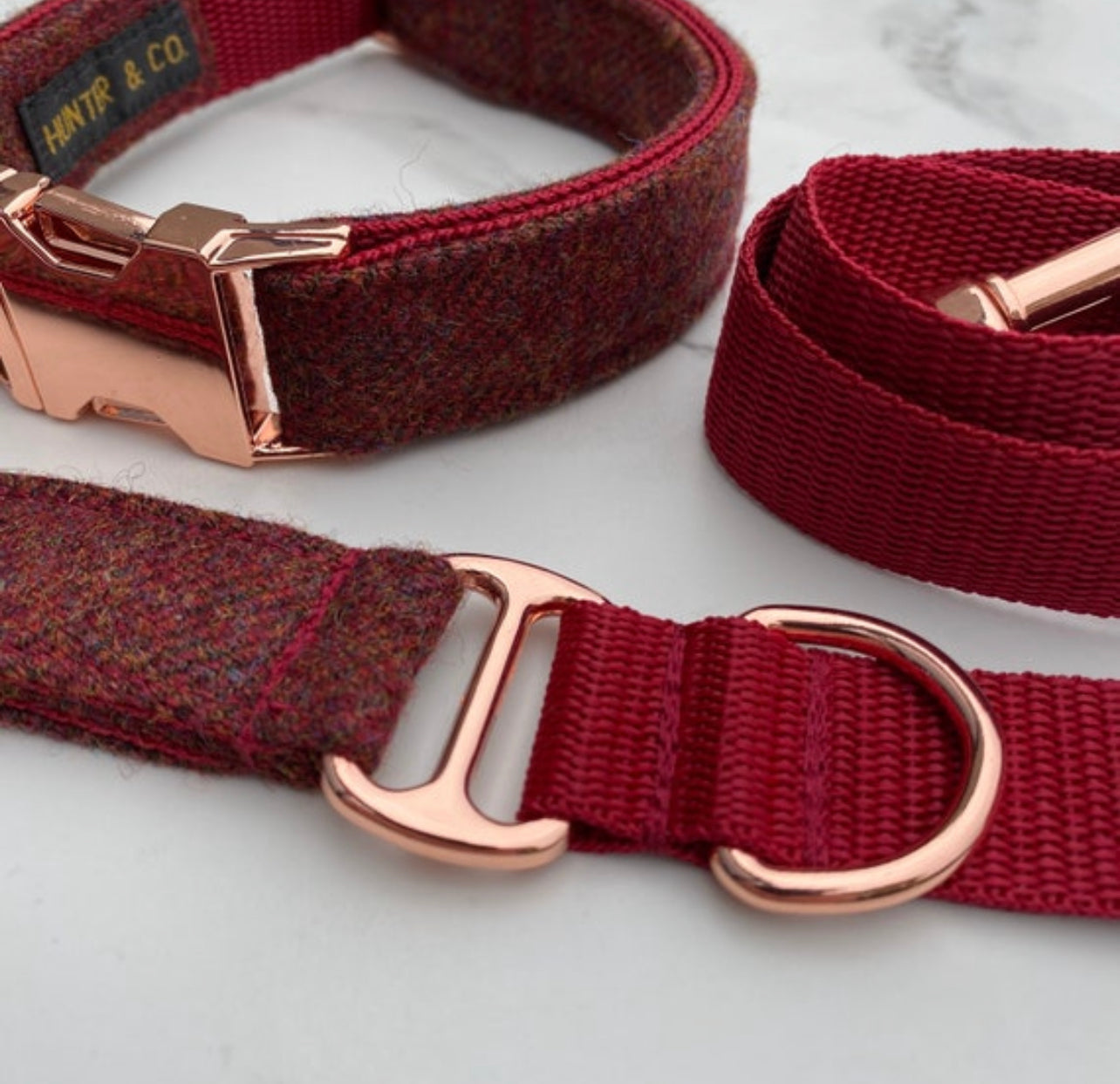 Dark Red Tweed Dog Collar Bow & Lead Set Hunter & Co.