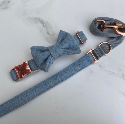 Baby Blue + Grey Tweed Dog Collar Bow & Lead Set Hunter & Co.